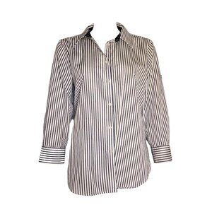 Chaps Shirt Womens L Large Blue White Striped Collared Button Down‎ 3/4 Sleeve